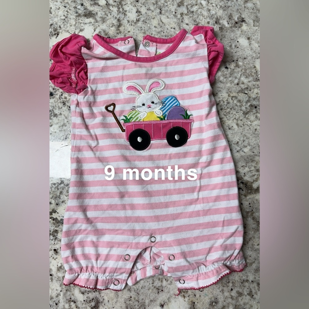 Baby girl pink and white stripe Easter bunny appliqué bubble romper 9 month